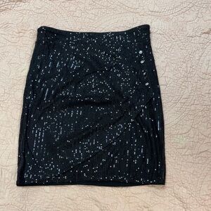 Grace Karin Sparkling Black Sequin Faux Wrap Skirt with Button Detail Small NWOT